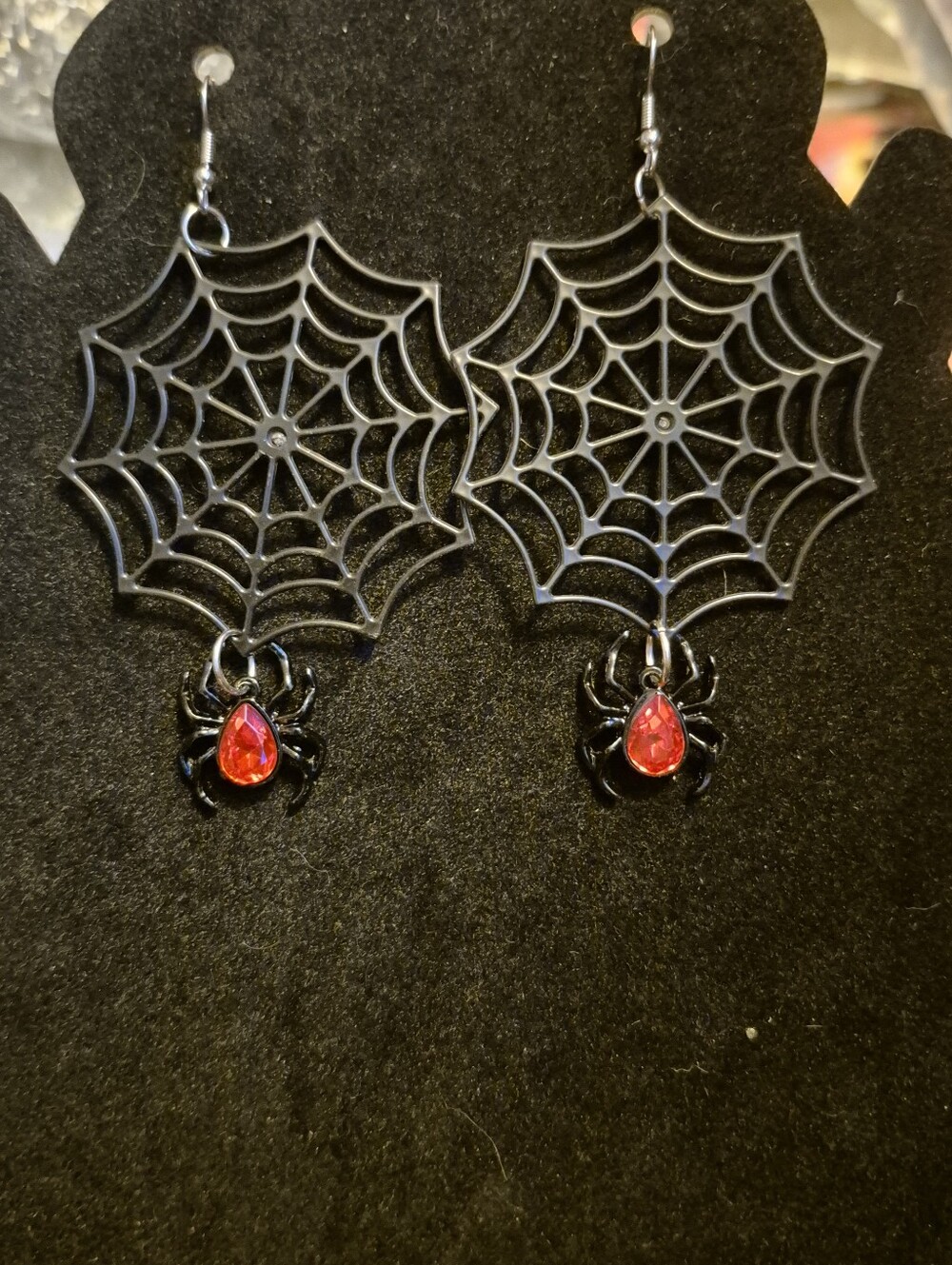 Handcrafted Spider Web Dangle Earrings with Red Gem Spider Accents